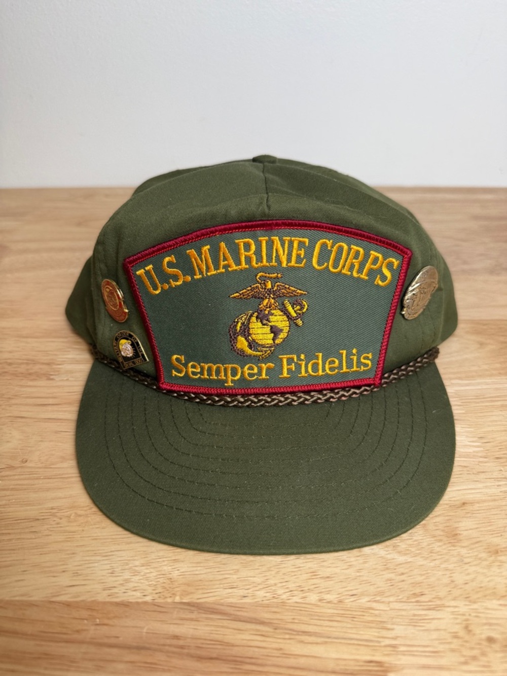 Vintage U.S. Marine Corps Semper Fidelis Olive Green Cap with three pins